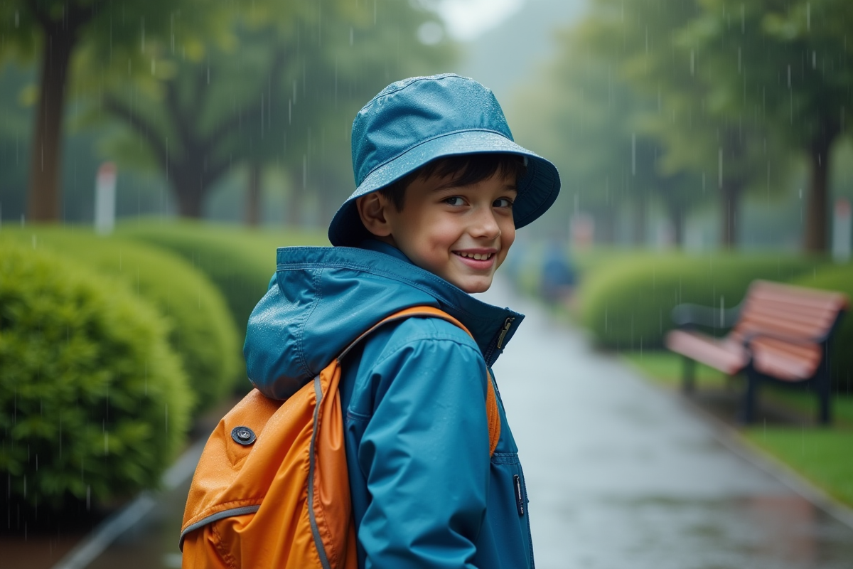 Adolescent dans un parc urbain sous la pluie avec chapeau moderne