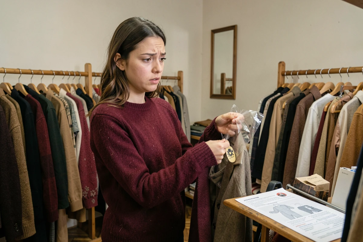 Jeune femme en boutique tenant un vêtement équipé d'un antivol araignée en plastique rigide avec une fiche de consignes