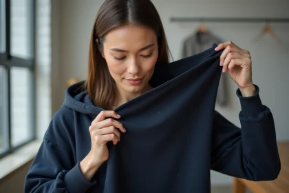 Femme examinant l'étiquette intérieure d'un sweat Bullrot pour vérifier son authenticité