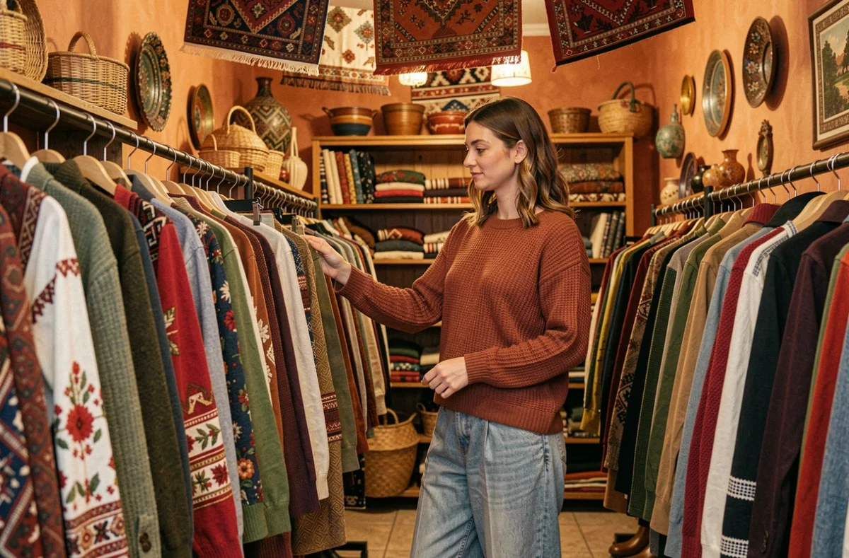 Intérieur coloré de la friperie Balkane à Clermont-Ferrand avec des vêtements de seconde main variés