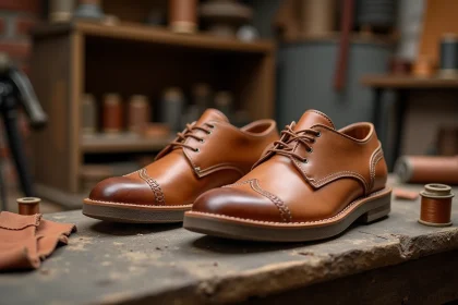 Paire de baskets françaises en cuir artisanal posée sur un établi de cordonnier avec outils traditionnels de fabrication