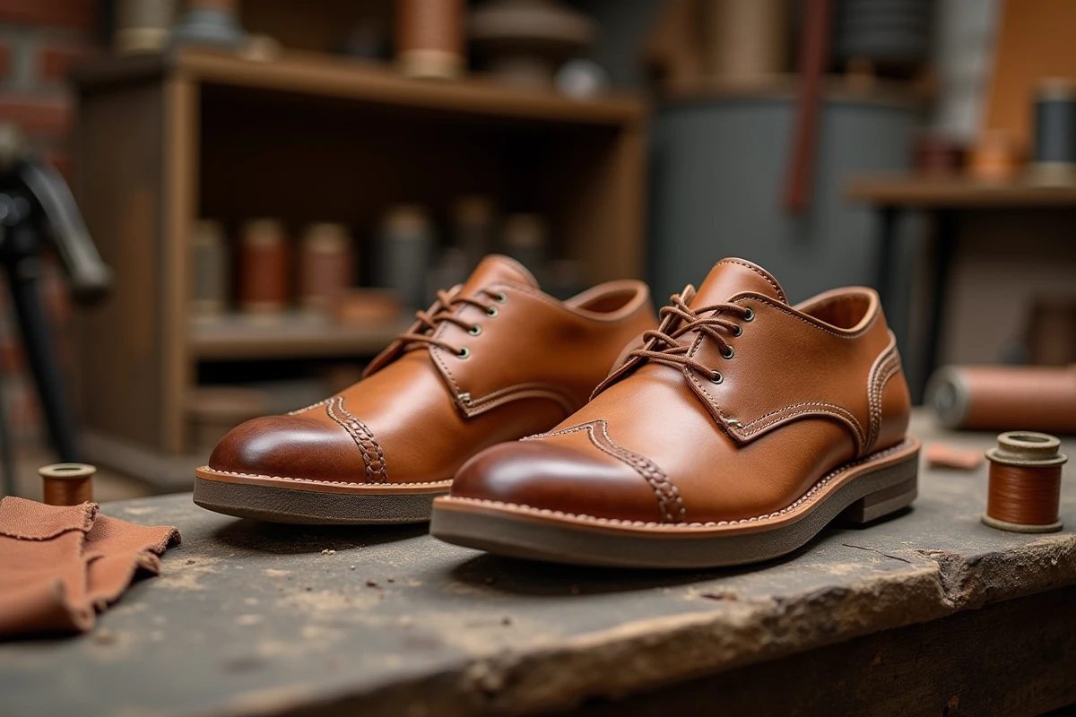 Paire de baskets françaises en cuir artisanal posée sur un établi de cordonnier avec outils traditionnels de fabrication