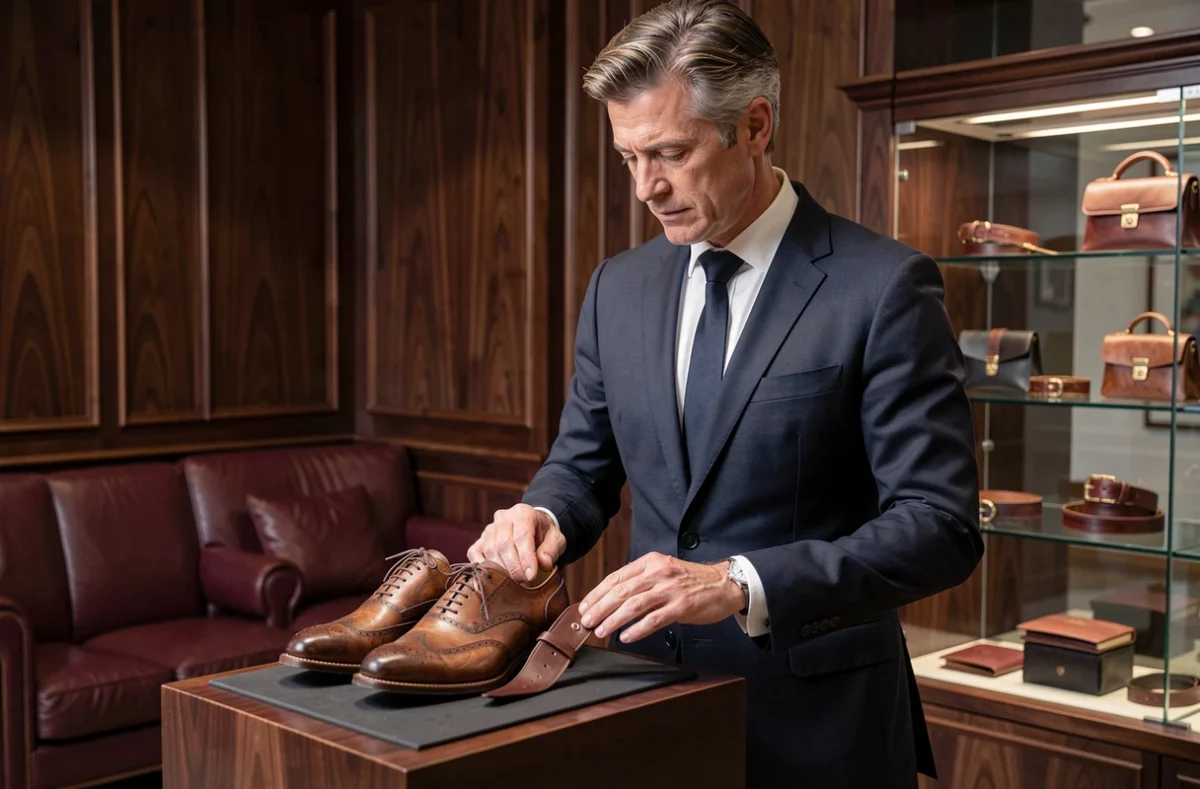 Homme en costume marine Berluti examinant des Oxford en cuir patiné dans la boutique de maroquinerie et prêt-à-porter luxe