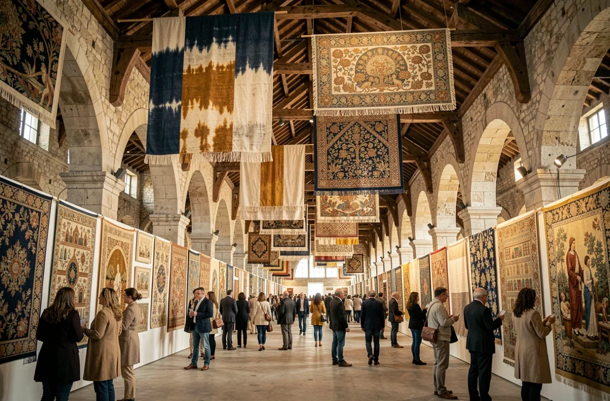 Exposition de la Biennale Textile à Clermont-Ferrand avec des œuvres textiles artisanales dans un lieu historique