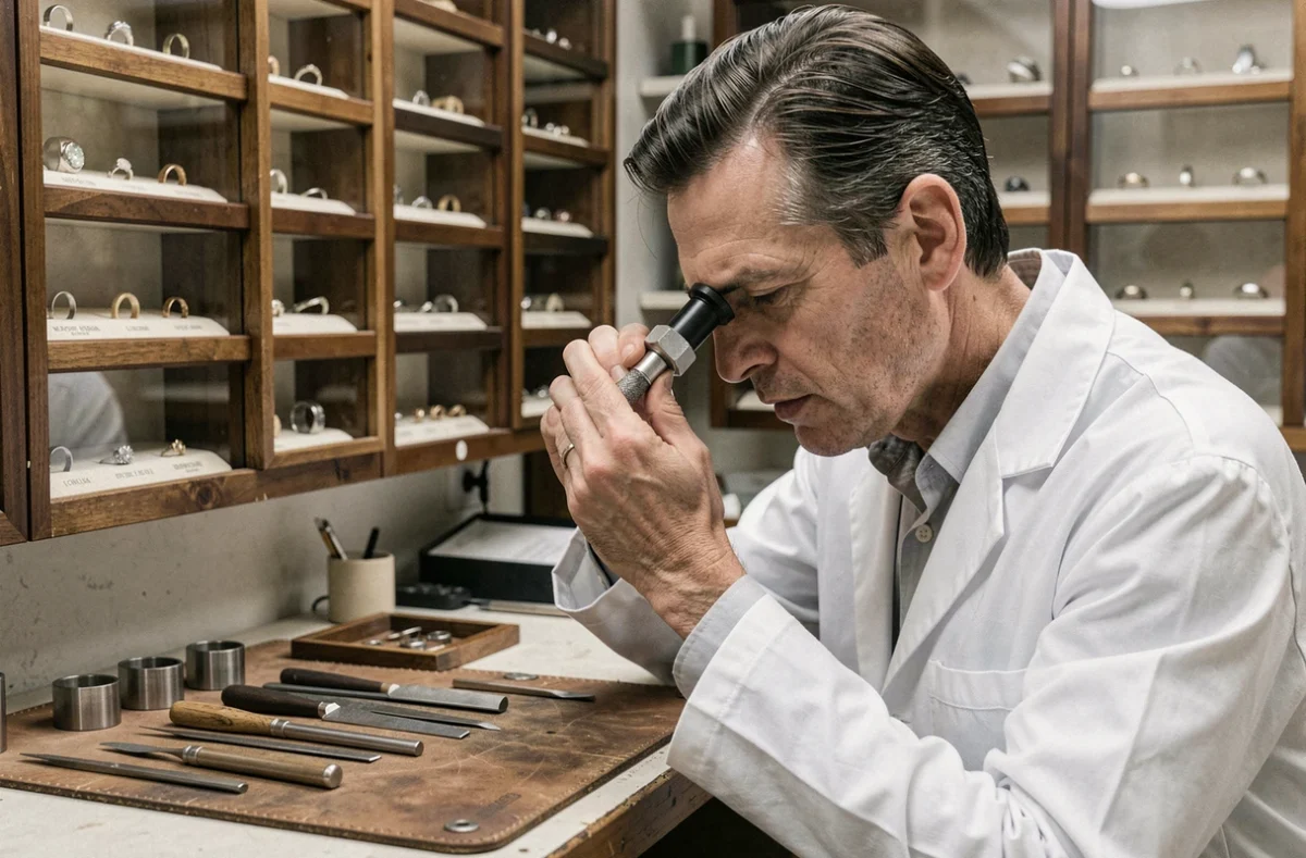 Bijoutier artisan inspectant une chevalière en argent avec une loupe dans son atelier de gravure
