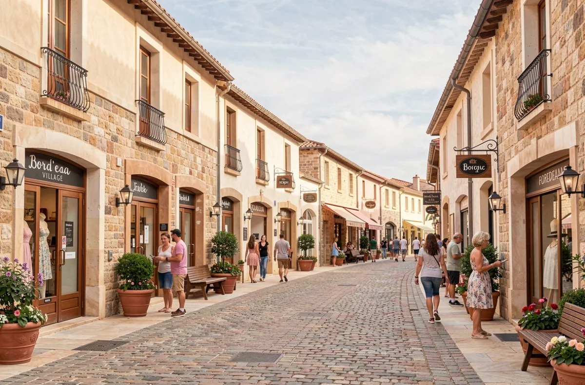 Allée piétonne de Bord'eau Village avec ses boutiques de style bordelais et ses promeneurs faisant du shopping