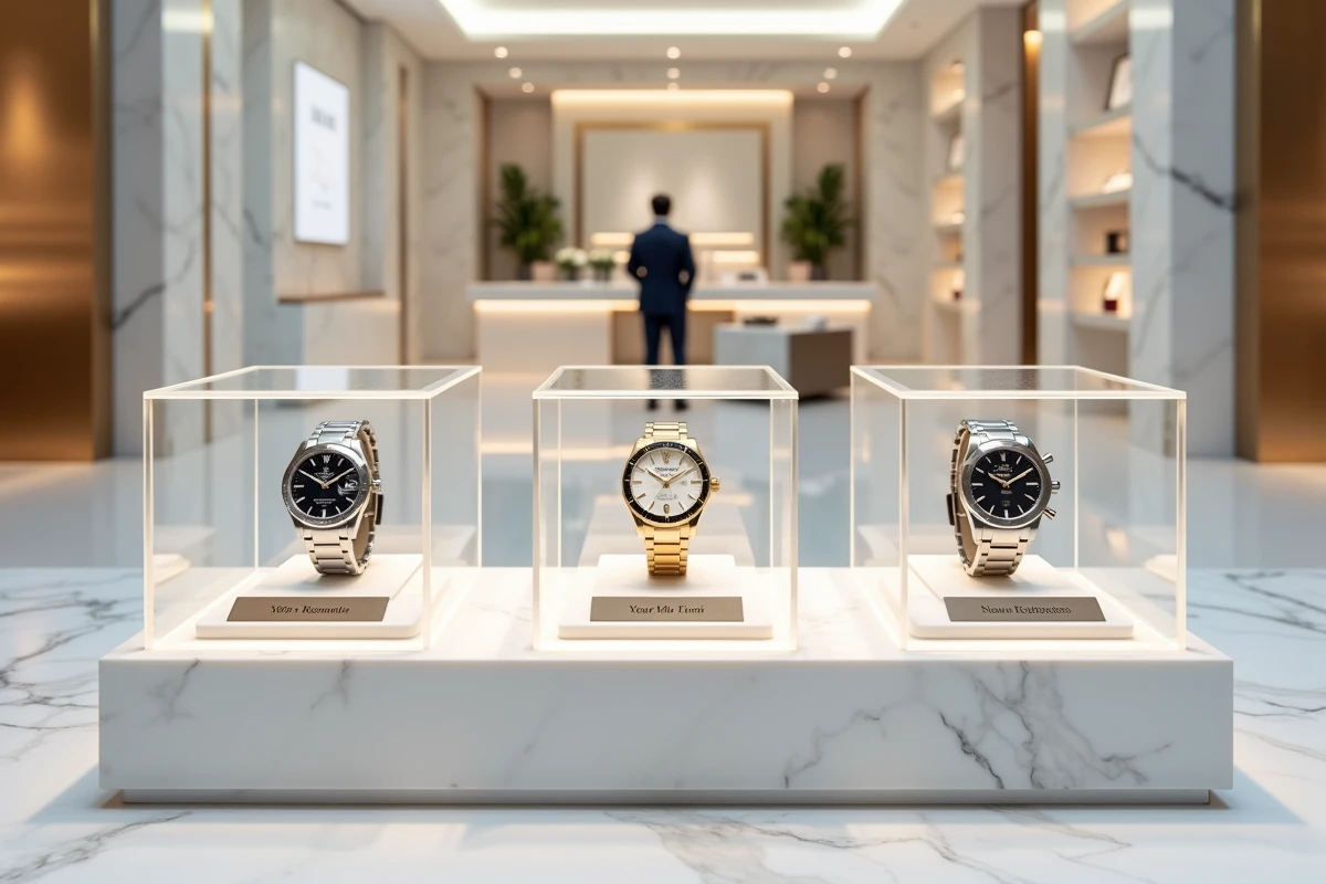 Trois montres de collection exceptionnelles exposées dans des vitrines en verre d'une boutique de haute horlogerie au décor en marbre