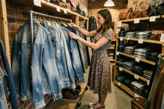 Femme chinant des vestes en jean vintage dans une boutique de Toulouse avec des rayonnages remplis de jeans et de sacs en cuir