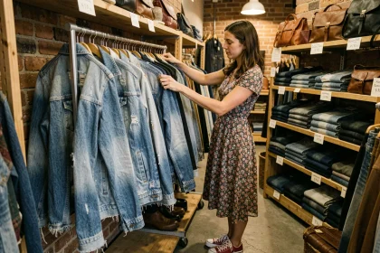 Femme chinant des vestes en jean vintage dans une boutique de Toulouse avec des rayonnages remplis de jeans et de sacs en cuir
