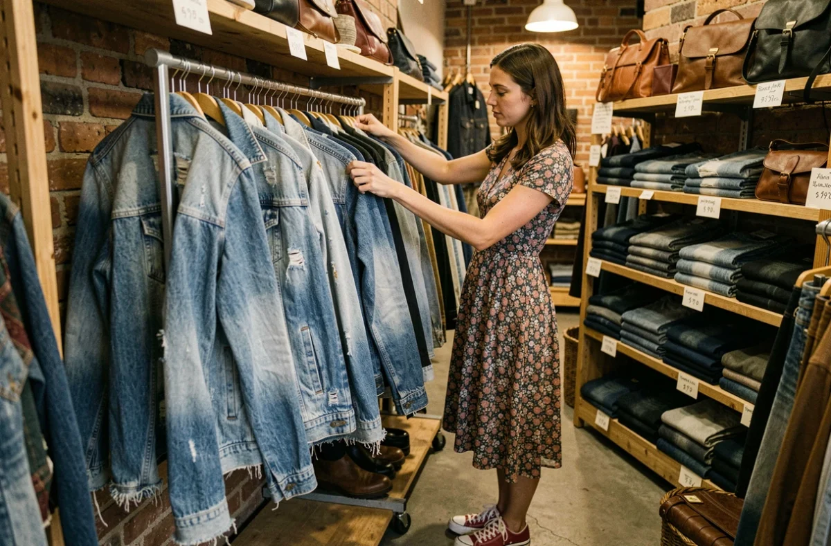 Femme chinant des vestes en jean vintage dans une boutique de Toulouse avec des rayonnages remplis de jeans et de sacs en cuir