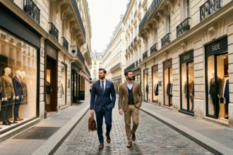 Deux hommes élégamment habillés se promènent devant des boutiques de mode masculine dans une rue haussmannienne de Paris