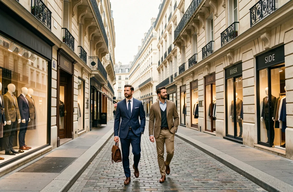 Deux hommes élégamment habillés se promènent devant des boutiques de mode masculine dans une rue haussmannienne de Paris