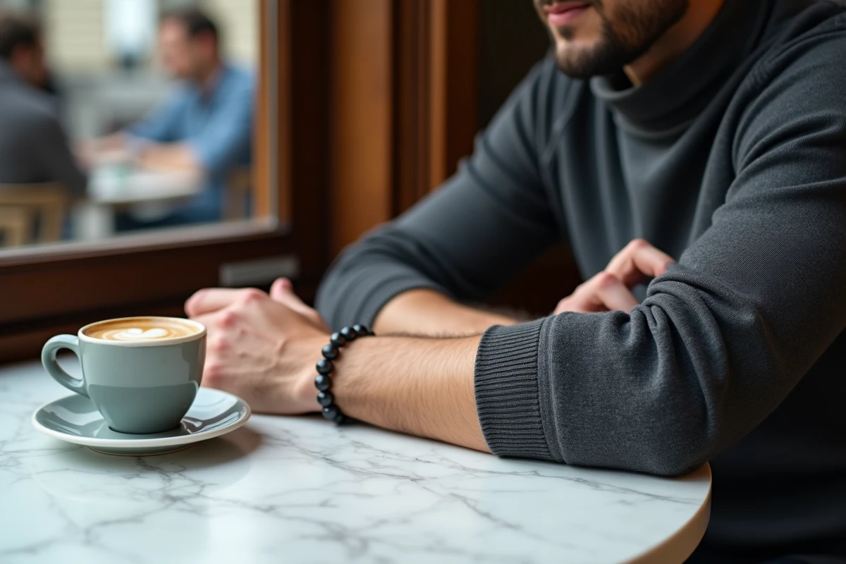 Bracelet homme en pierres naturelles hématite et howlite posé sur une table en marbre dans un café parisien