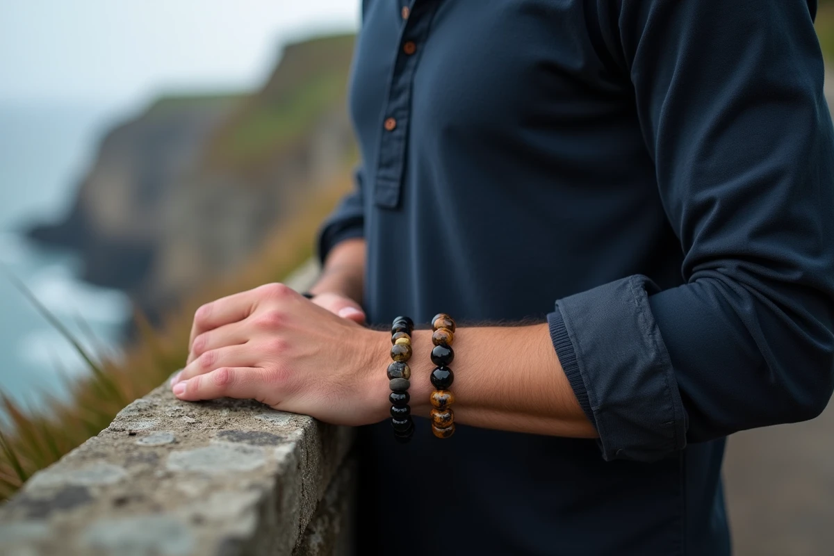 Homme portant des bracelets en pierres naturelles onyx et oeil de tigre superposés au bord d'une côte rocheuse