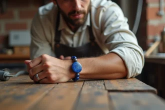 Bracelet perle homme en pierre naturelle lapis lazuli et quartz fumé porté sur un poignet masculin dans un atelier rustique