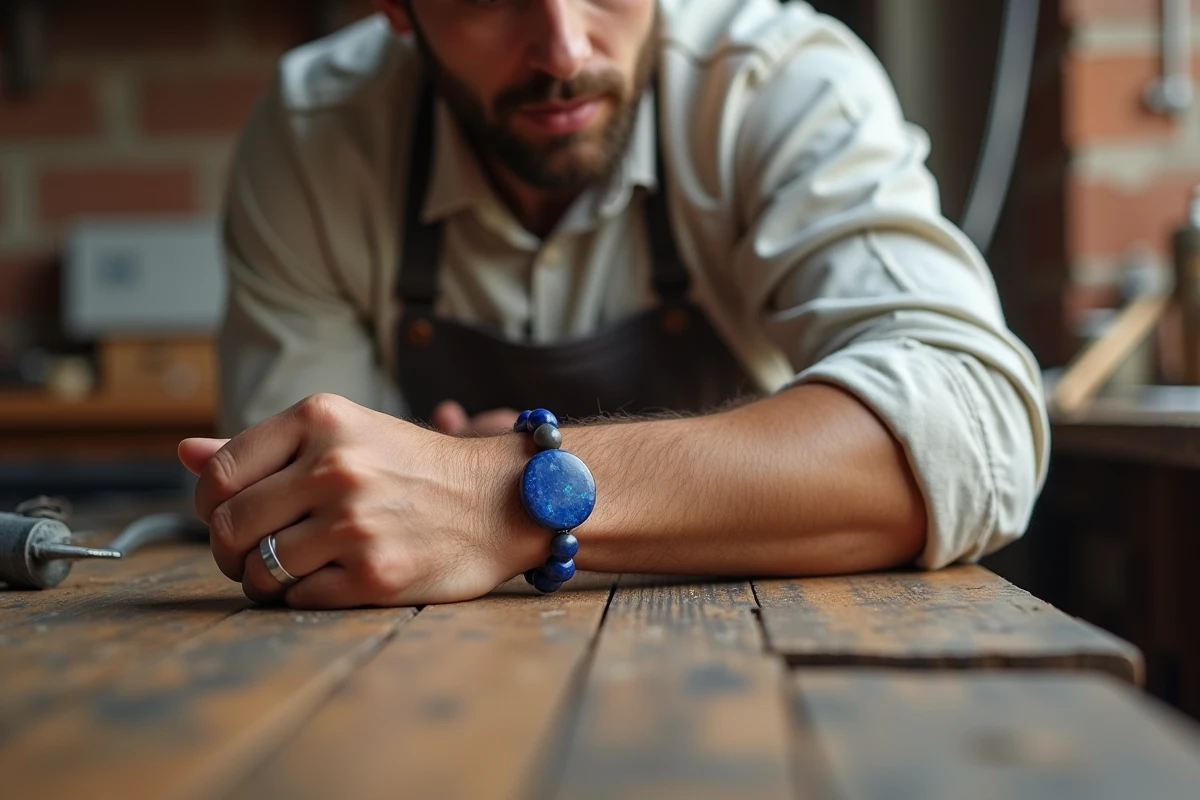 Bracelet perle homme en pierre naturelle lapis lazuli et quartz fumé porté sur un poignet masculin dans un atelier rustique