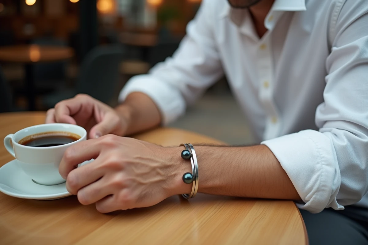 Homme élégant au café parisien avec bracelet perle noire de Tahiti en argent brossé