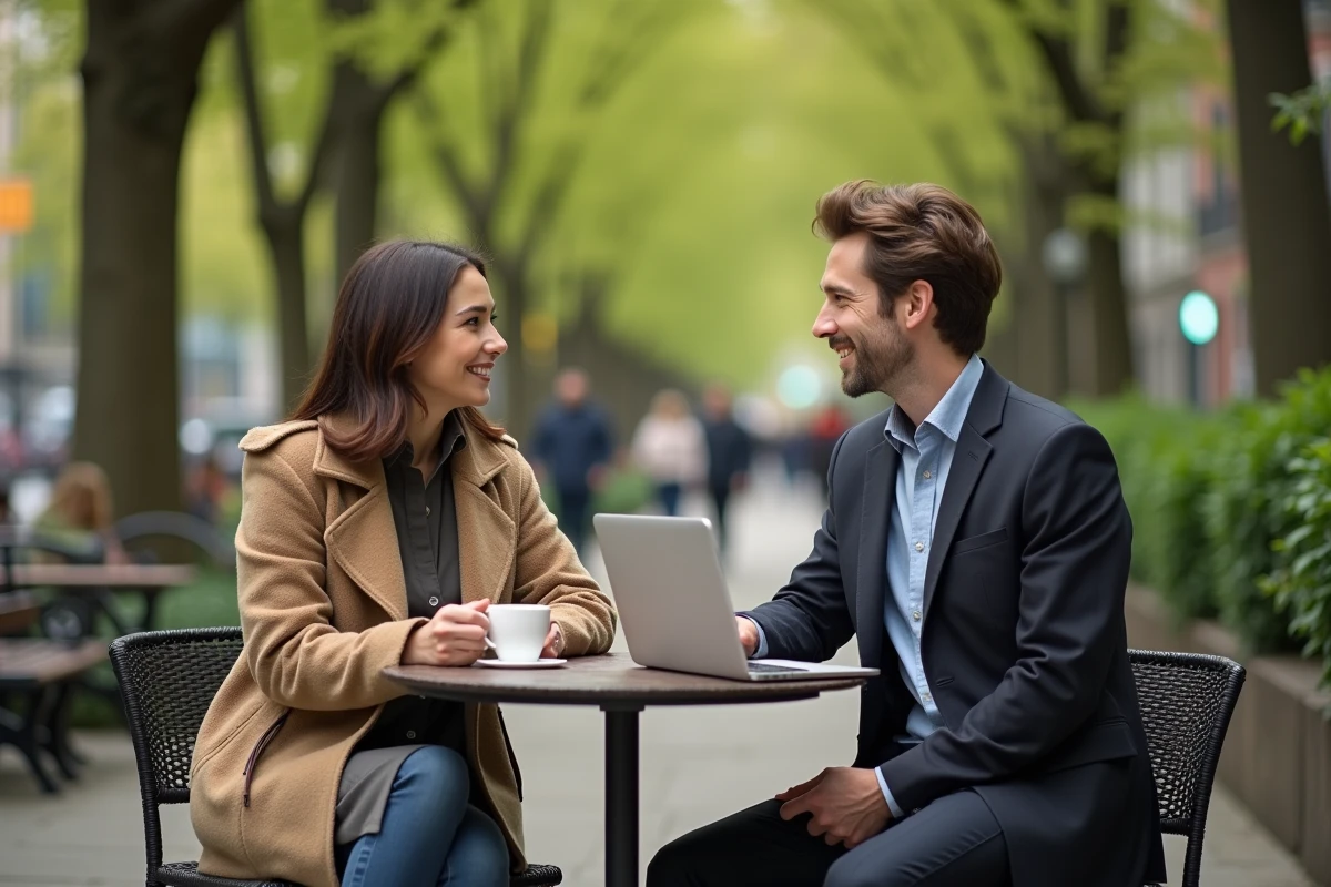 Homme et femme en business casual au café extérieur