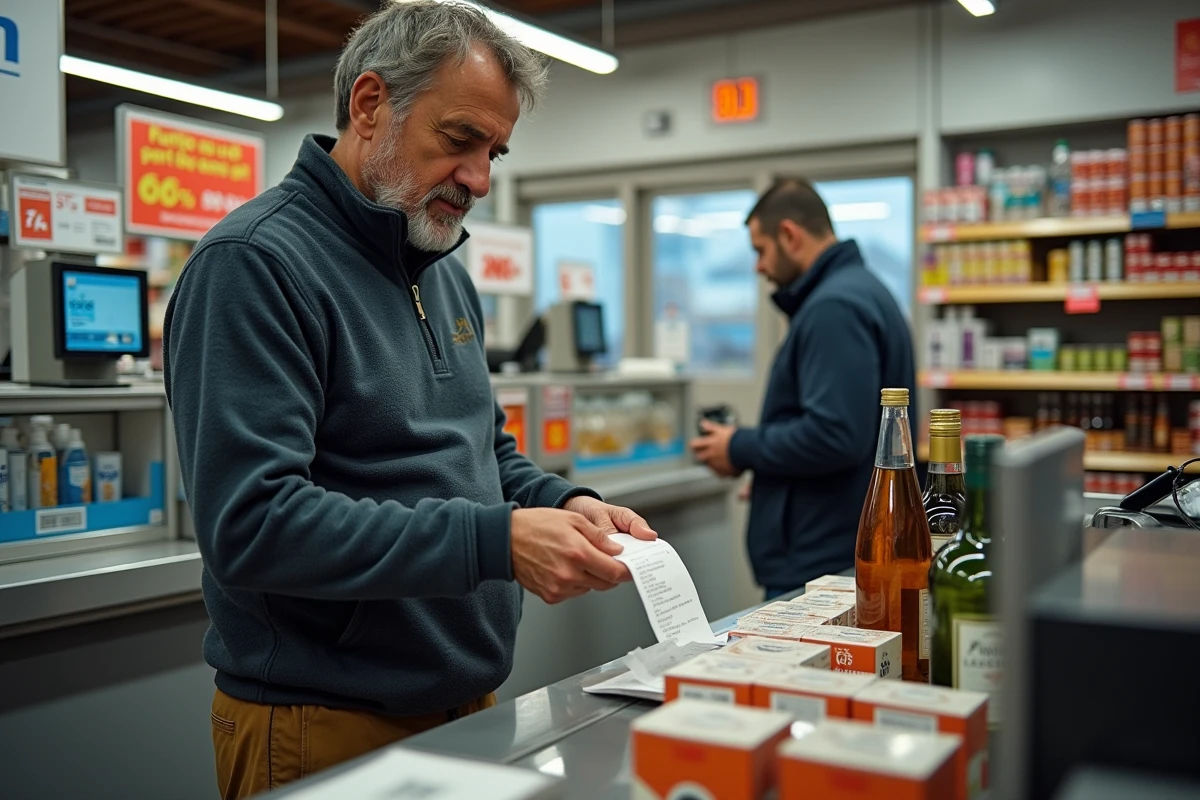 Homme à la caisse d'un magasin au Pas de la Case comparant les prix et calculant ses économies sur l'alcool et le tabac par rapport à la France