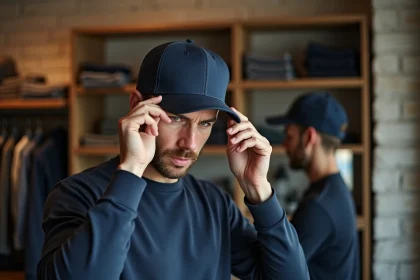 Homme essayant une casquette en coton structuré dans une boutique de mode, ajustant la taille et le tombé du tissu devant un miroir