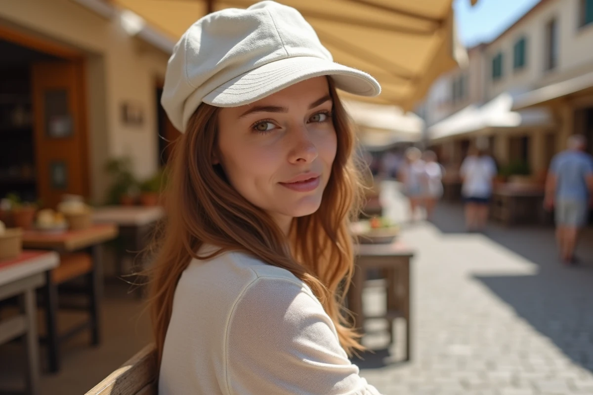 Femme portant une casquette en lin non structurée au marché, illustrant le tombé souple et naturel du tissu sur la tête