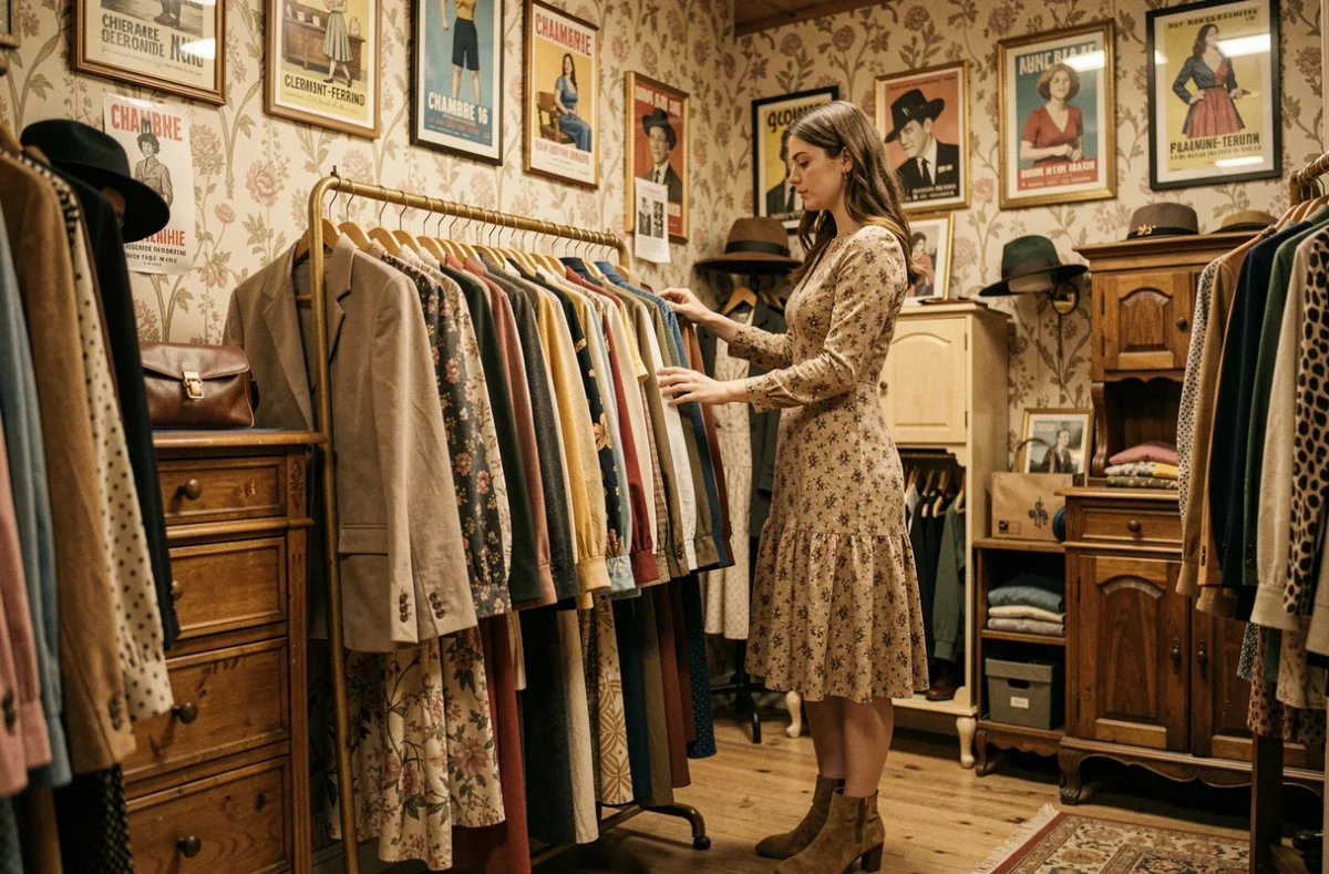 Boutique vintage Chambre 16 à Clermont-Ferrand avec des vêtements rétro sur des cintres en bois