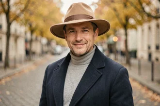 Homme aux cheveux courts portant un chapeau fedora camel avec un manteau marine sur une rue pavée parisienne en automne
