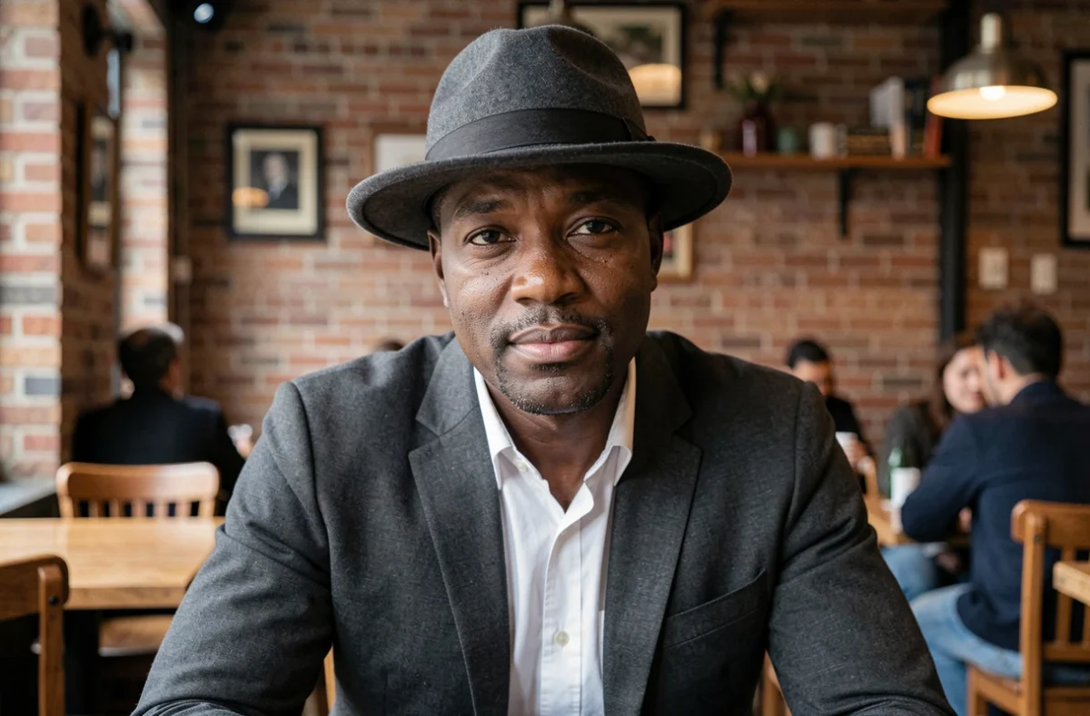 Homme d'âge mûr portant un chapeau trilby gris structuré dans un café intérieur avec murs en briques apparentes