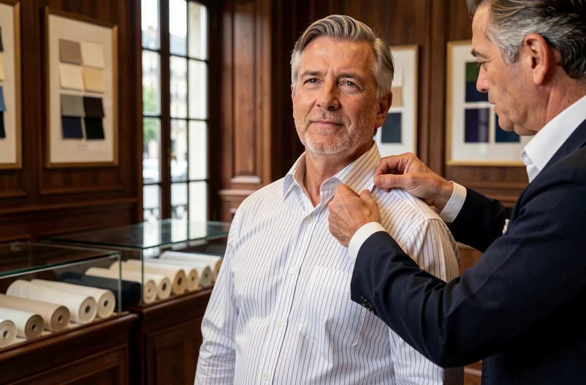 Homme en chemise sur mesure blanc rayé bleu dans l'atelier Charvet place Vendôme, ajustée par un tailleur