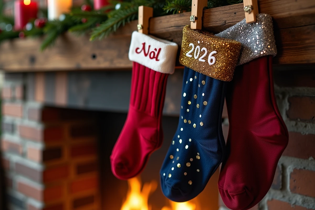Deux paires de chaussettes paillettes festives accrochées à une cheminée en pierre rustique, avec messages Noël 2026 brodés sur les poignets en bleu marine et bordeaux