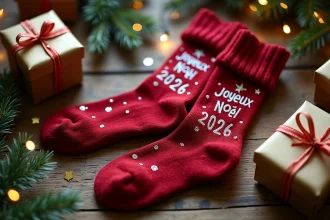 Chaussettes paillettes rouges et argentées avec message Joyeux Noël 2026 posées à plat sur une table en bois entourée de cadeaux et branches de sapin