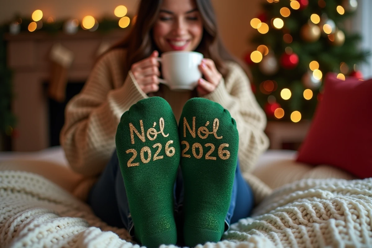 Femme portant des chaussettes paillettes vertes avec message Noël 2026 brodé en or, assise près d'un sapin décoré avec une tasse de chocolat chaud