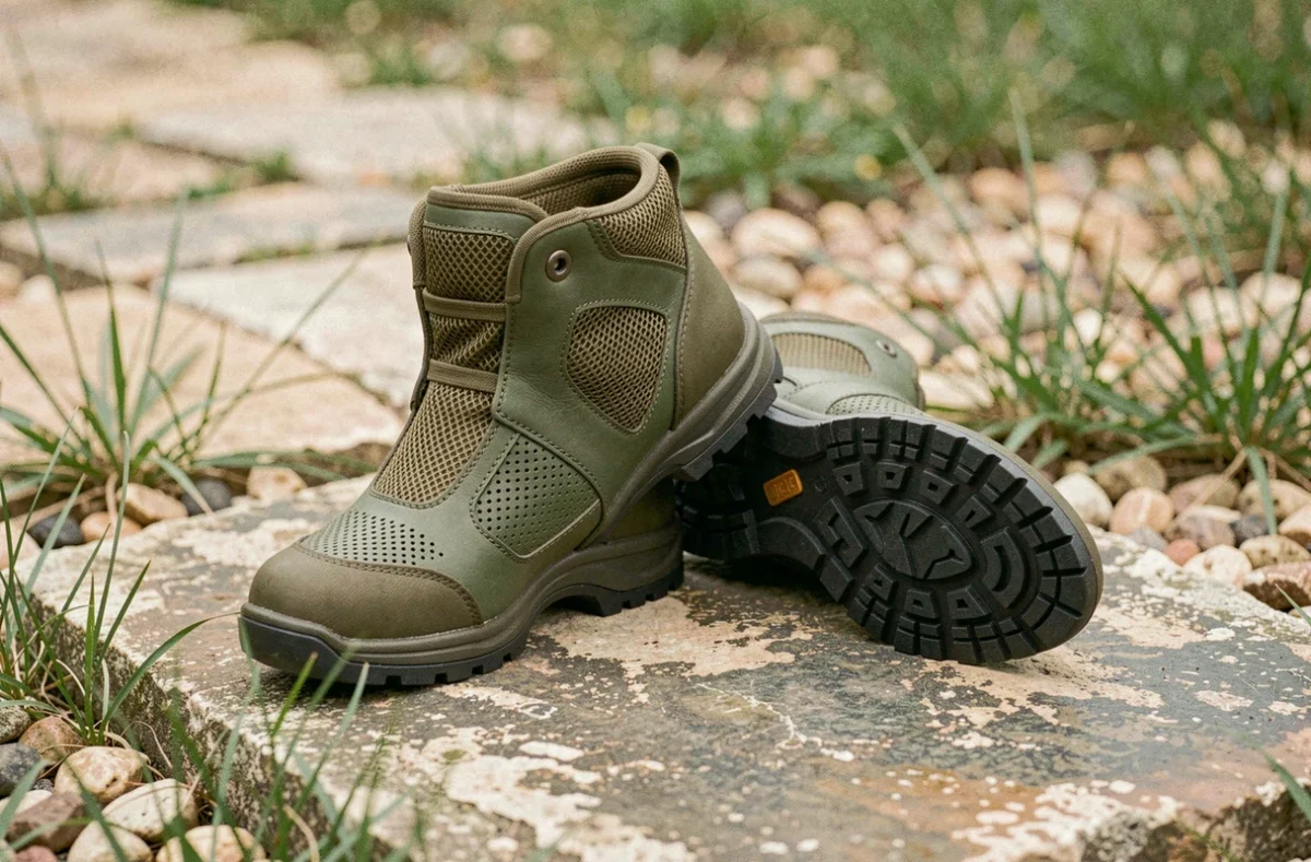 Paire de chaussures moto femme estivales avec protections CE et mesh respirant posées sur un sol en pierre naturelle
