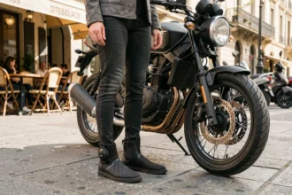 Femme portant des chaussures moto respirantes en mesh noir lors d'une sortie estivale en ville, avec moto naked en arrière-plan