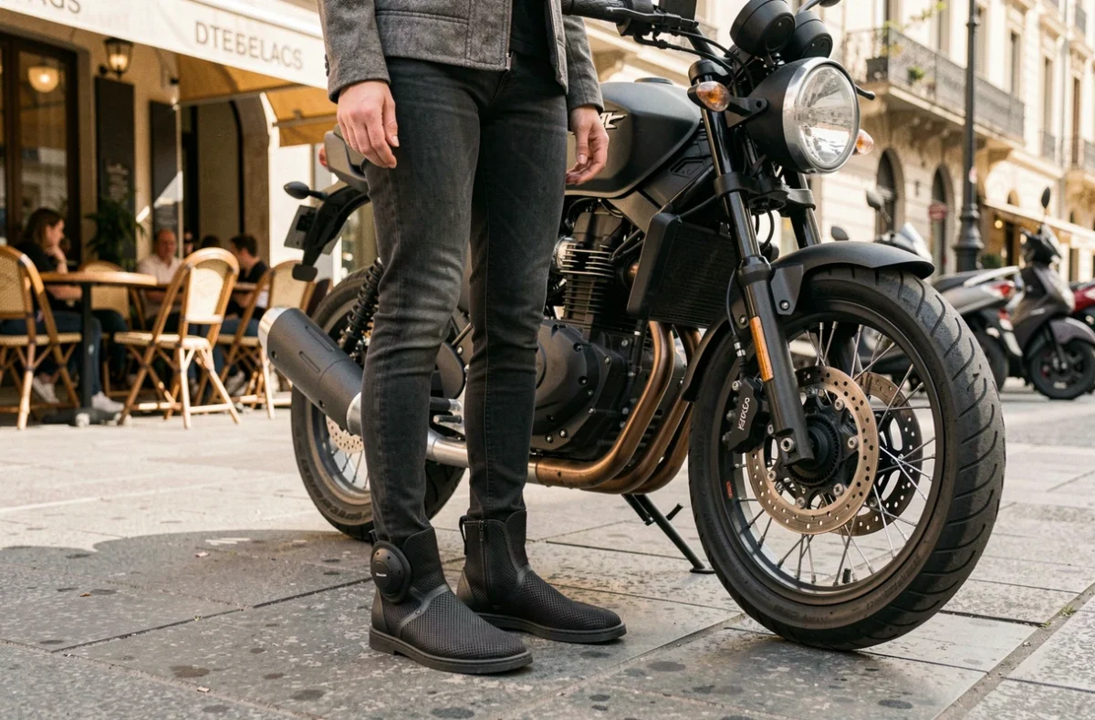 Femme portant des chaussures moto respirantes en mesh noir lors d'une sortie estivale en ville, avec moto naked en arrière-plan
