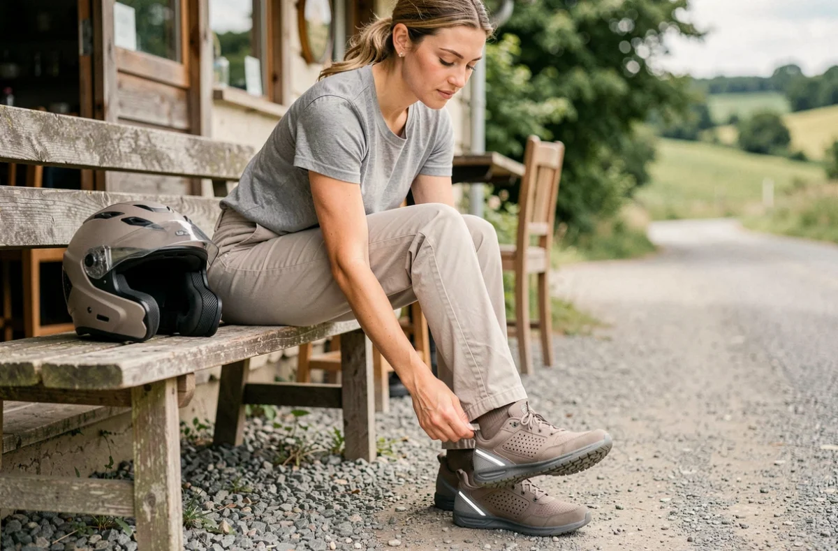Femme motarde retirant ses chaussures moto légères et respirantes après une pause en bord de route à la campagne
