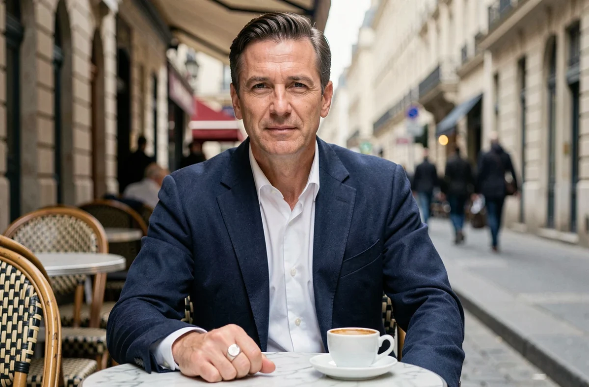 Homme élégant en blazer marine portant une chevalière en argent massif à la terrasse d'un café parisien