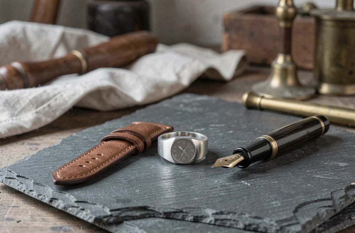 Chevalière en argent massif pour homme posée sur ardoise avec stylo plume et bracelet cuir vintage dans un atelier artisanal