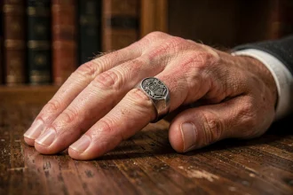 Chevalière homme en argent massif gravée d'armoiries portée sur l'index, posée sur un bureau en chêne ancien