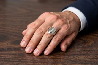 Chevalière homme personnalisée avec plateau ovale en argent massif portée sur la main droite, vue macro sur fond bois noyer