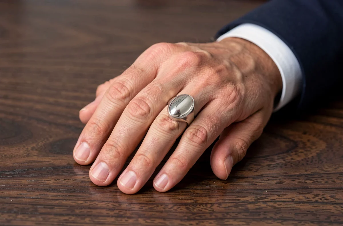 Chevalière homme personnalisée avec plateau ovale en argent massif portée sur la main droite, vue macro sur fond bois noyer