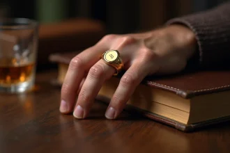 Chevalière en or 750 portée sur la main d'un homme, posée sur un bureau en chêne sombre, vue macro détaillée