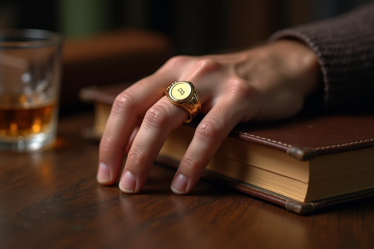 Chevalière en or 750 portée sur la main d'un homme, posée sur un bureau en chêne sombre, vue macro détaillée