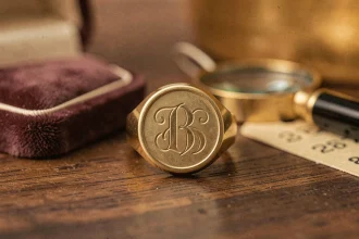 Chevalière personnalisée en or avec monogramme gravé posée sur un plateau en velours chez un bijoutier artisan