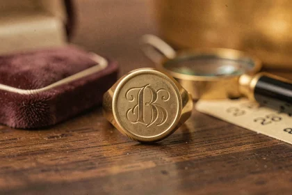 Chevalière personnalisée en or avec monogramme gravé posée sur un plateau en velours chez un bijoutier artisan