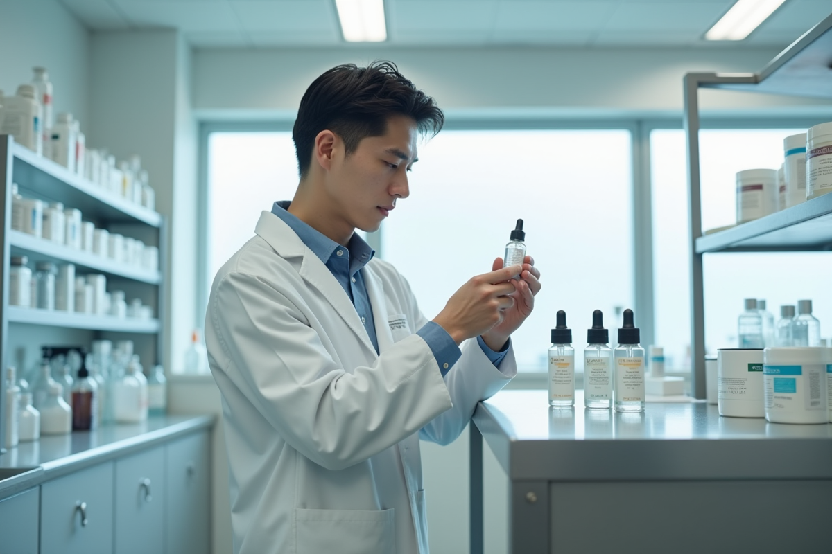 Chercheur en laboratoire examine un flacon de serum Kbeauty