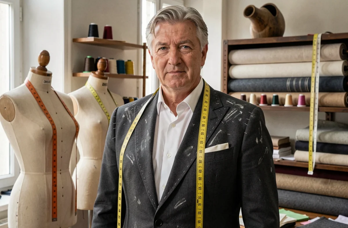Maître tailleur Cifonelli travaillant sur un costume bespoke en flanelle dans son atelier rue Marbeuf à Paris