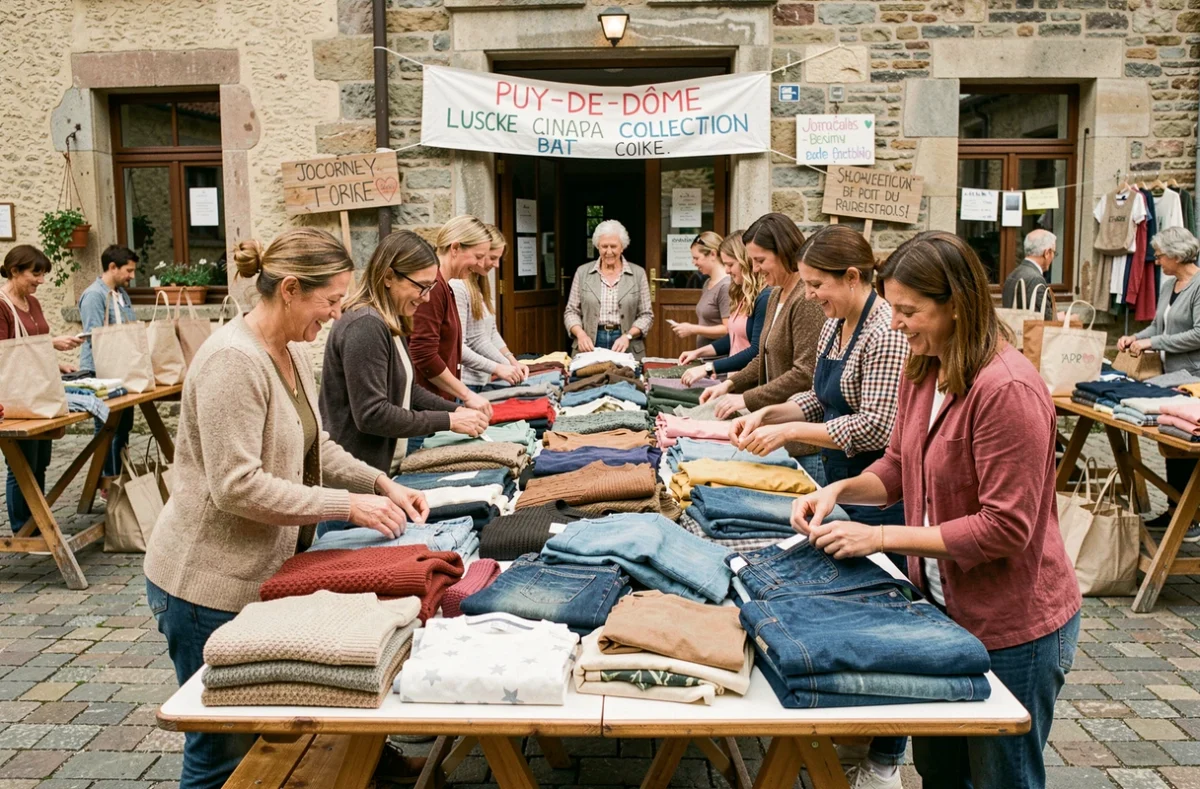 Collecte de vêtements communautaire dans le Puy-de-Dôme avec des habitants triant des habits de seconde main