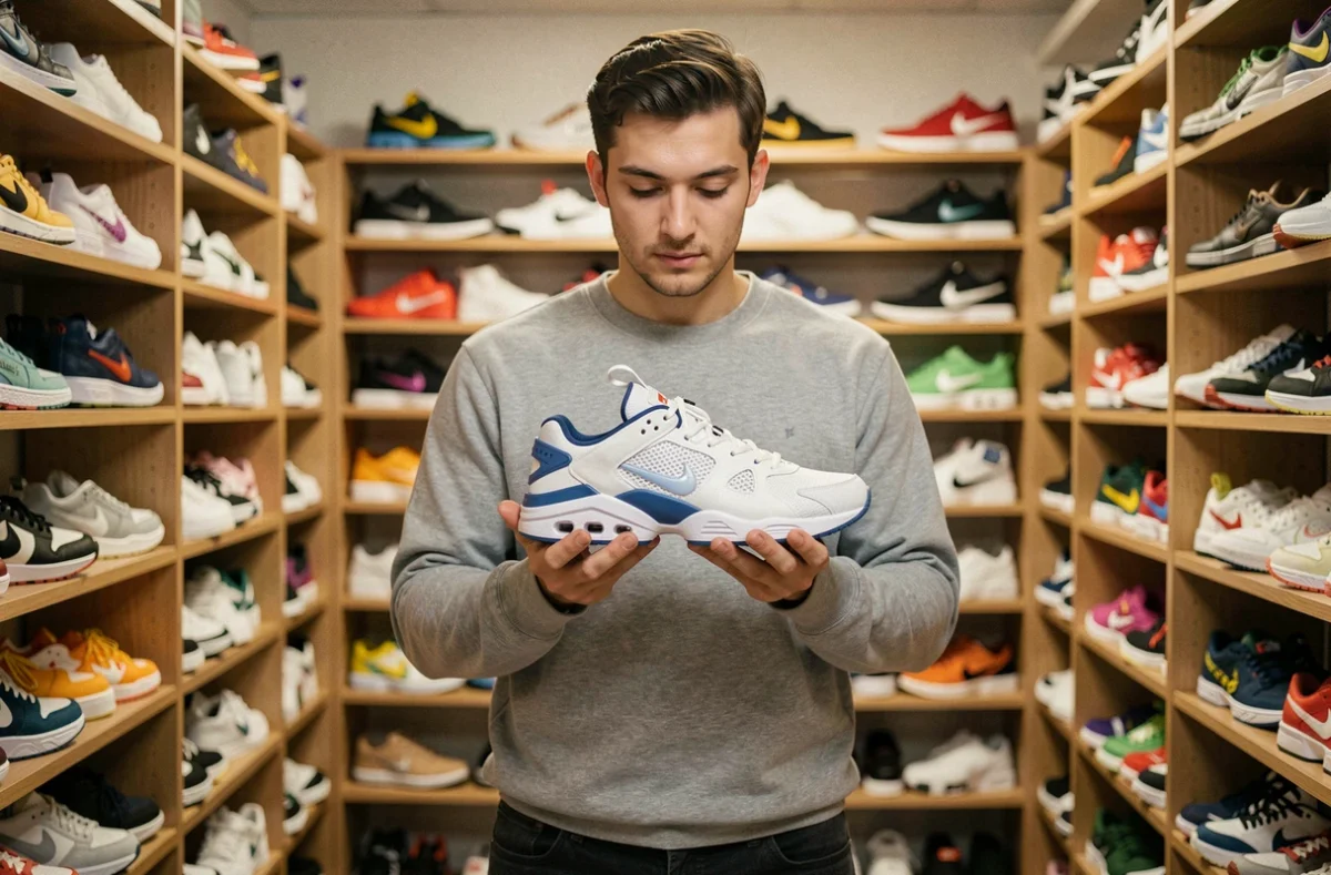Collectionneur de sneakers tenant une paire de Nike Shox Supreme dans une salle dédiée aux baskets rares, expression de passion et d'authenticité