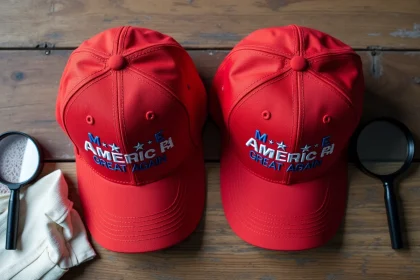 Comparaison côte à côte d'une casquette MAGA authentique et d'une copie, vue de dessus sur table en bois avec loupe pour identifier les différences de qualité